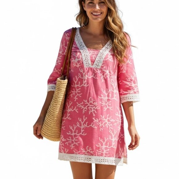 Lilly Pulitzer Sherman Tunic Dress Coral Reef Print Me Crazy Pink White Lace 6 - Picture 1 of 13